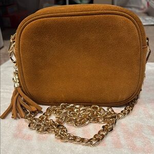 Suede Leather PomPom London Women's Bag with Gold Chain
